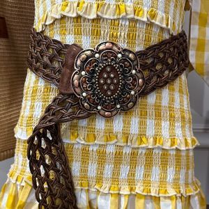 Leatherock braided belt brass rhinestone embellished buckle 38” waist